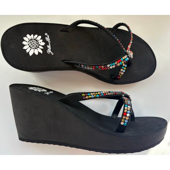 Yellow Box Sandals Size 7.5 Black Wedge Flip Flops Rhinestones Sparkle Hippie - Picture 1 of 7